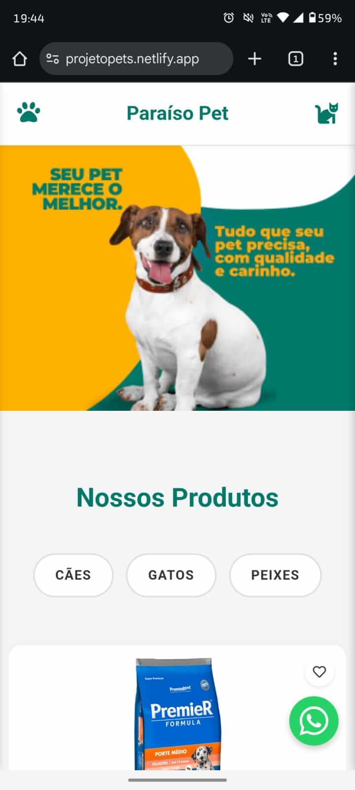 Página de produto do e-commerce Petshop em um smartphone.