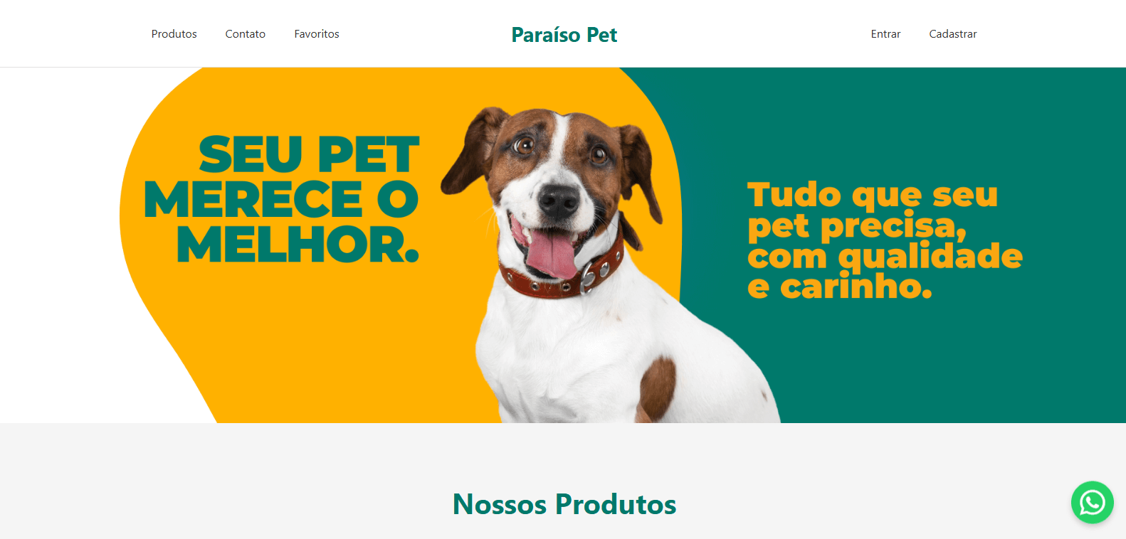 Site e-commerce para petshop com seções de produtos para cães, gatos e peixes.