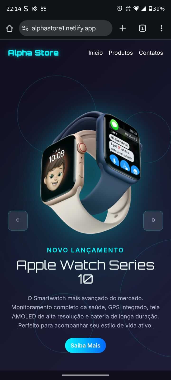 Visualização mobile da página de produtos da Alpha Store.